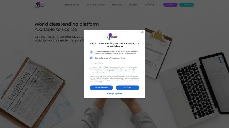 Homepage of Helium Loans SaaS