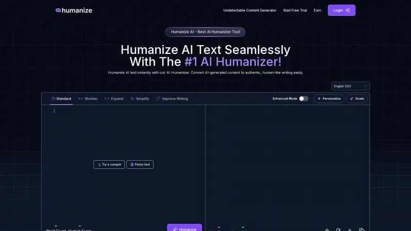 Homepage of Humanize AI Text