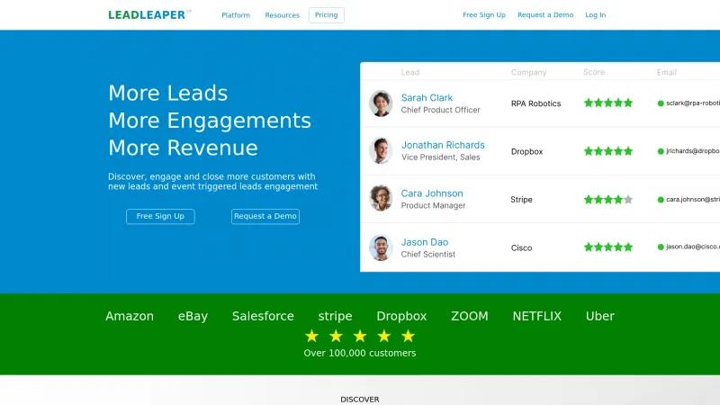 Homepage of LeadLeaper