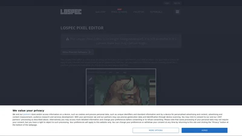 Homepage of Lospec Pixel Editor