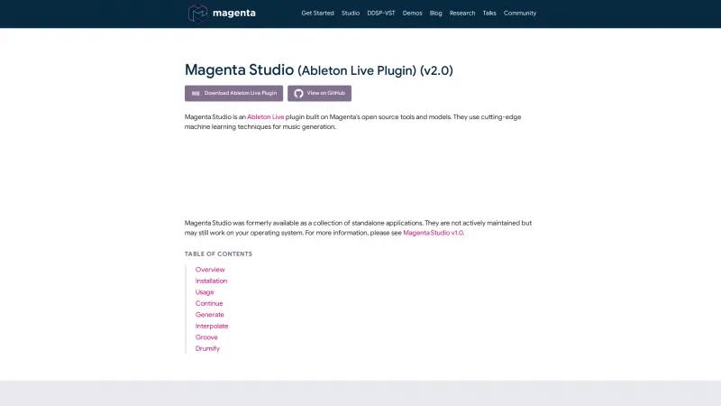 Homepage of Magenta Studio