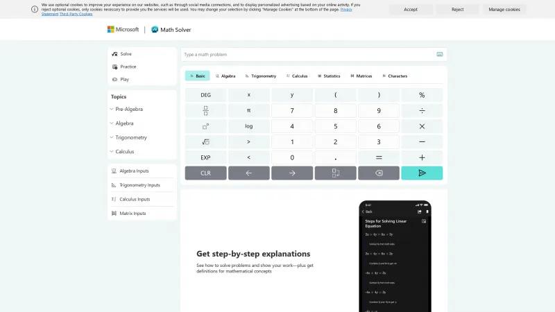 Homepage of Microsoft Math Solver