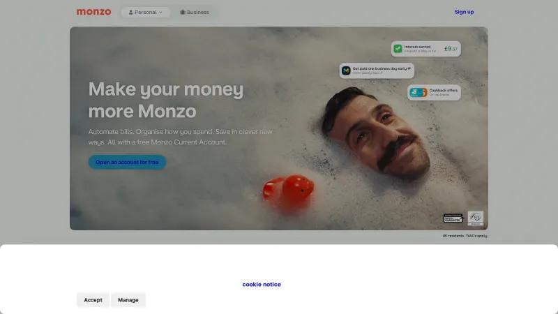 Homepage of Monzo