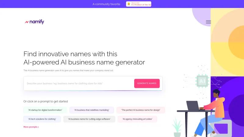 Homepage of Namify AI Business Name Generator