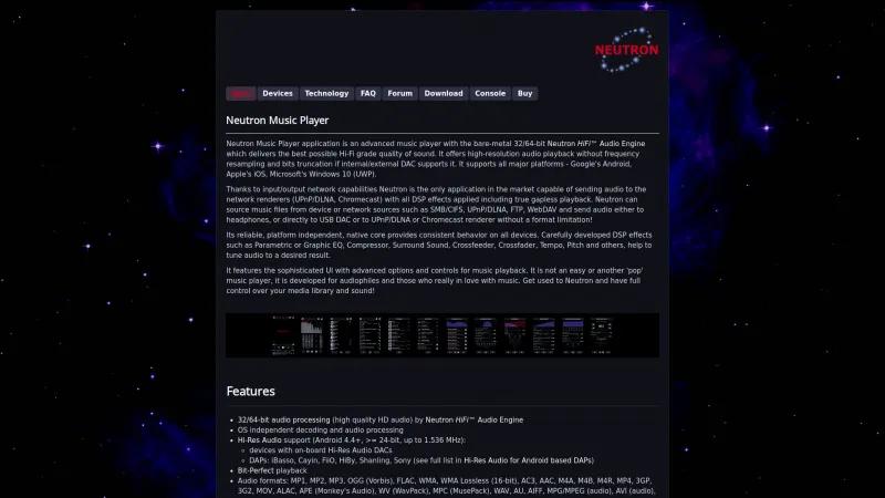 Homepage of Neutron Music Player