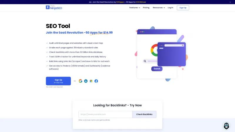 Homepage of NinjaSEO by 500apps