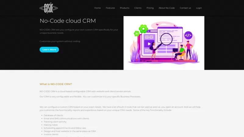 Homepage of NO-CODE CRM