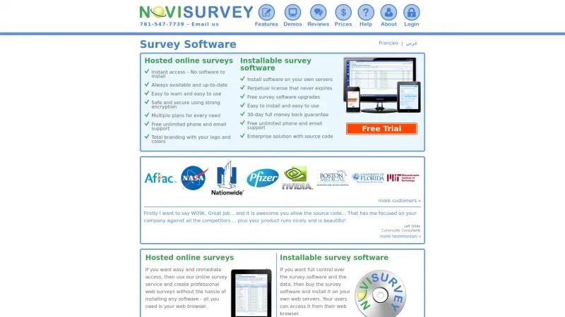 Homepage of Novi Survey