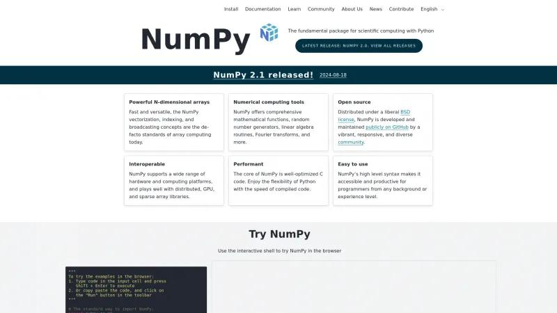 Homepage of NumPy