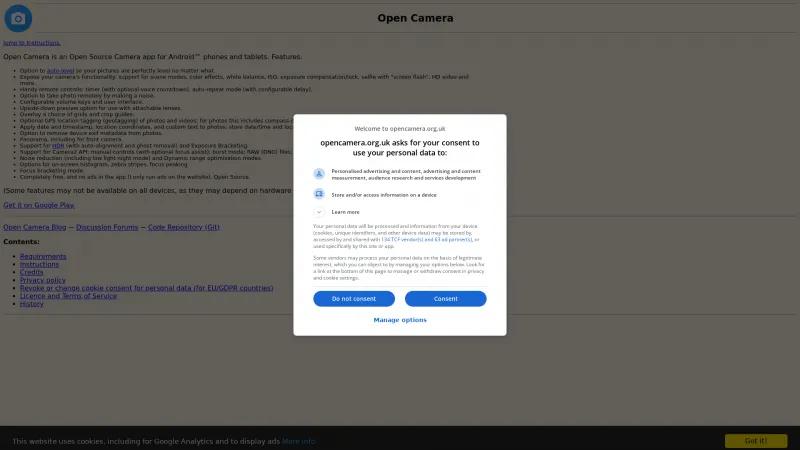 Homepage of Open Camera