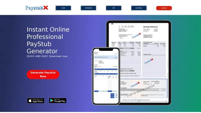 Homepage of PaystubX