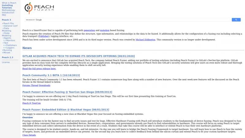 Homepage of Peach Fuzzer
