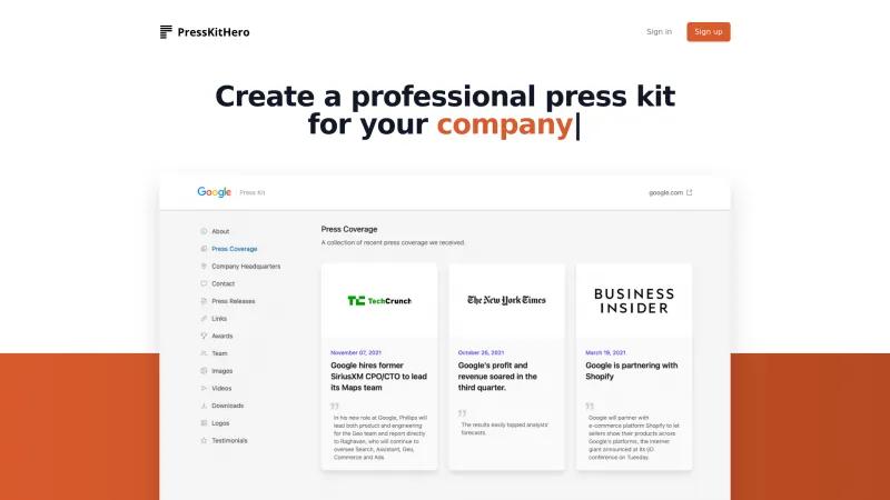 Homepage of PressKitHero