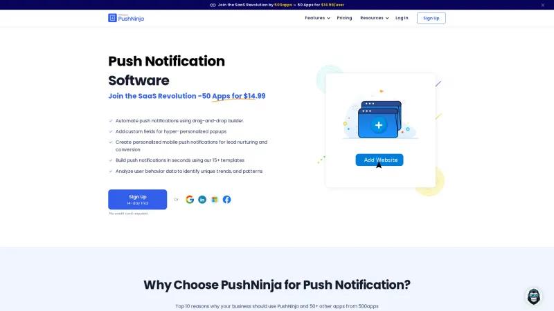 Homepage of PushNinja by 500apps