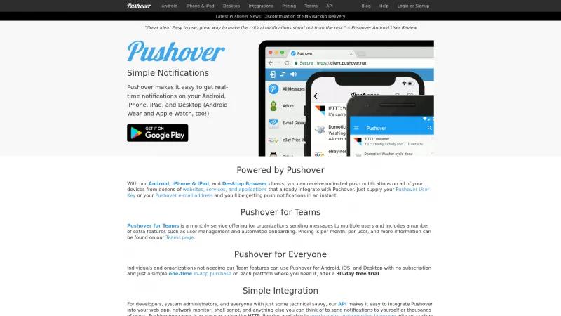 Homepage of Pushover