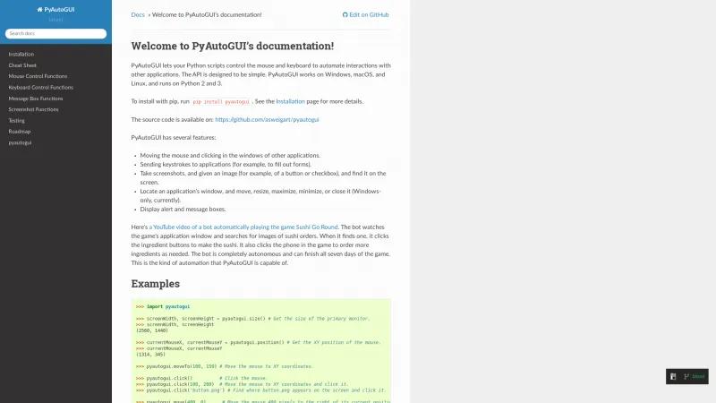 Homepage of PyAutoGUI