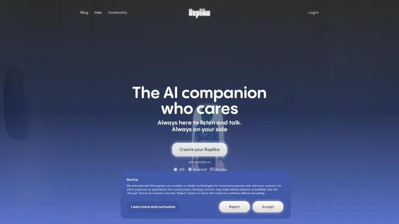 Homepage of Replika