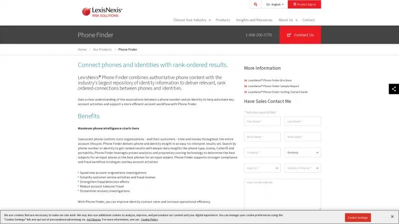 Homepage of LexisNexis Phone Finder