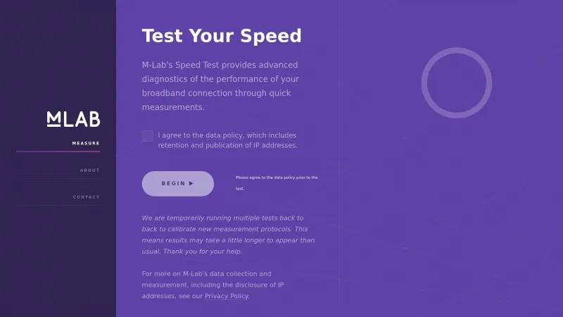 Homepage of M-Lab Speed Test