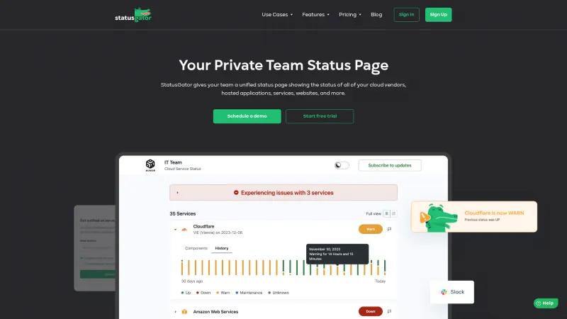 Homepage of StatusGator