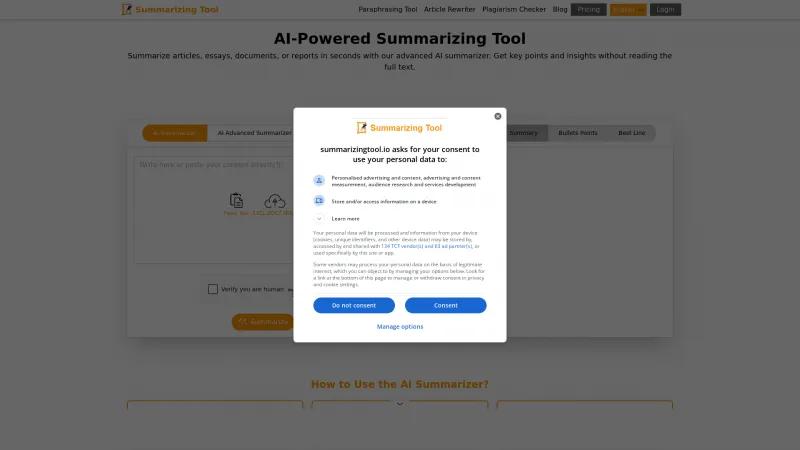 Homepage of Summarizingtool.io