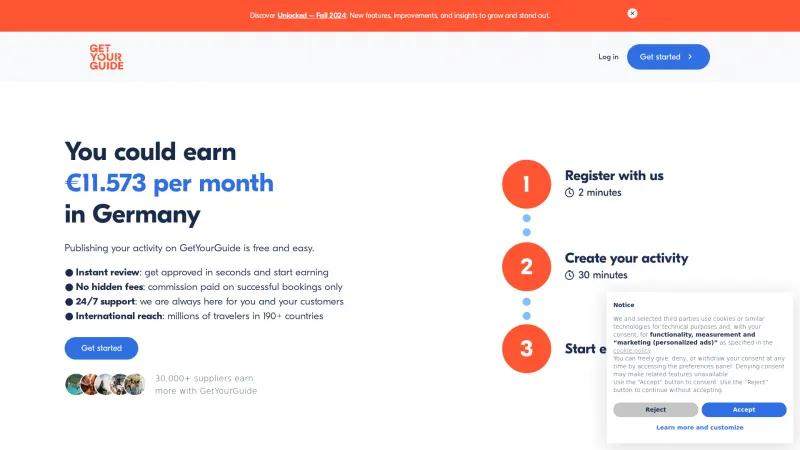 Homepage of GetYourGuide