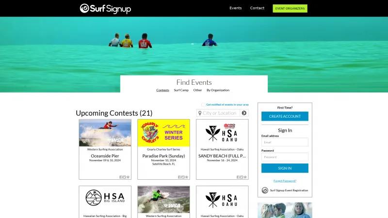 Homepage of Surf Signup