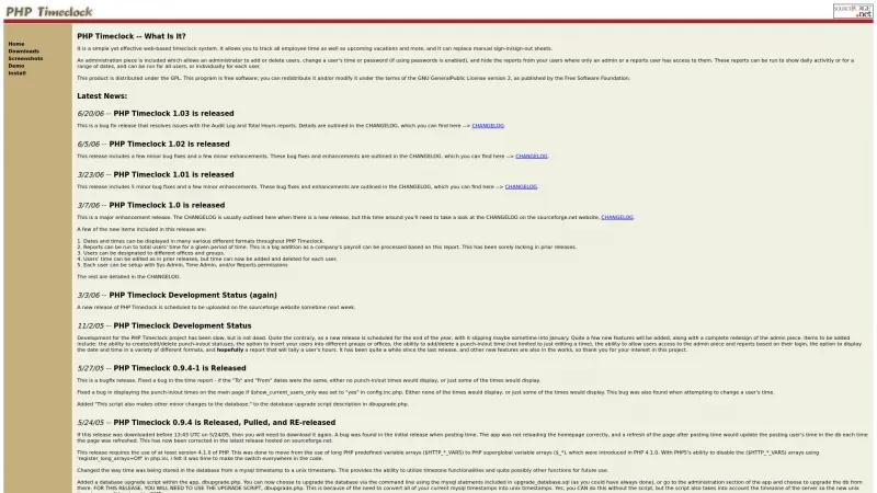 Homepage of PHP Timeclock