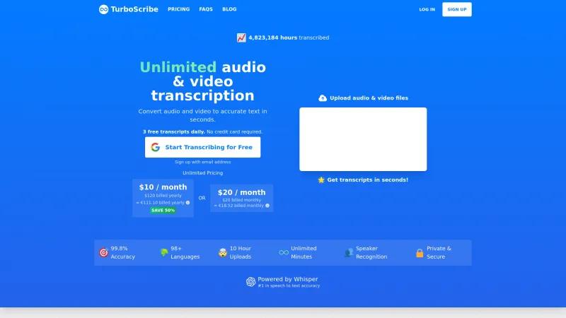 Homepage of TurboScribe