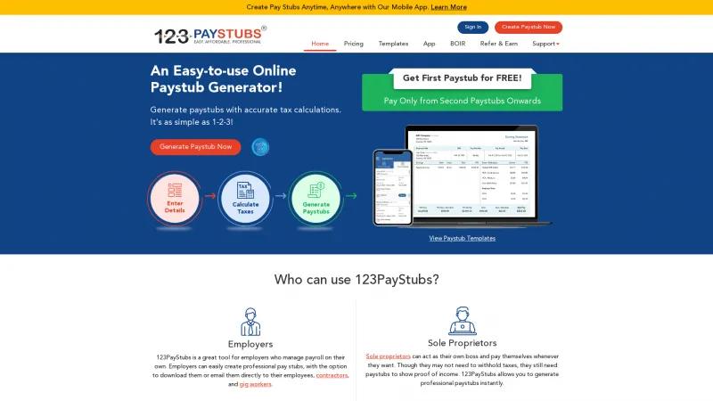 Homepage of 123PayStubs