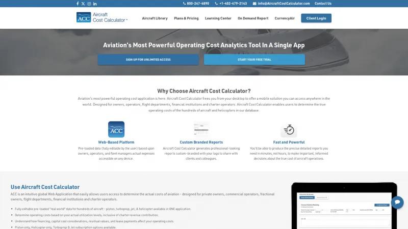 Homepage of Aircraft Cost Calculator