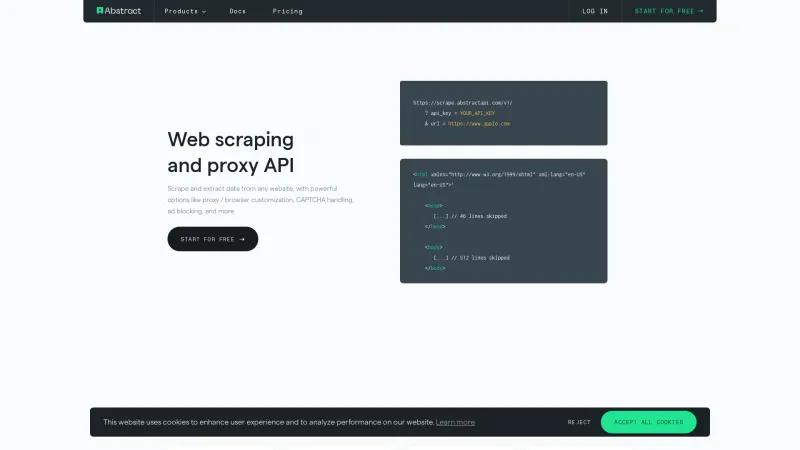 Homepage of Abstract Web Scraping API