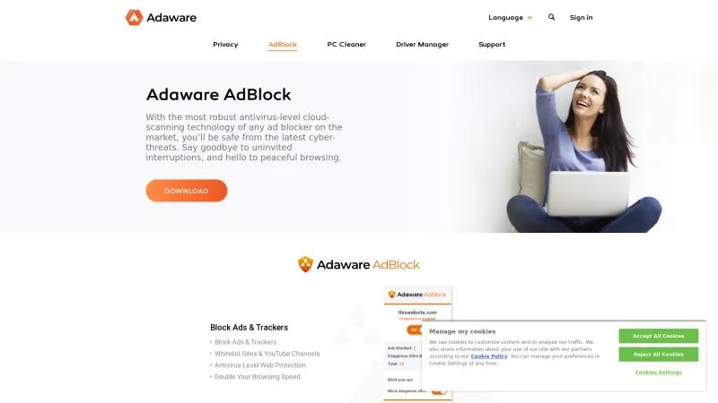 Homepage of Adaware Ad Block