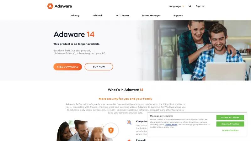 Homepage of Adaware Antivirus