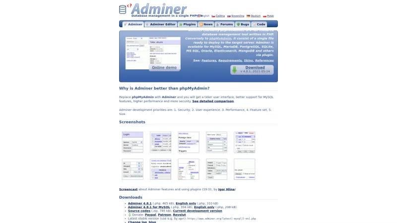 Homepage of Adminer