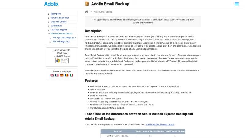 Homepage of Adolix Email Backup