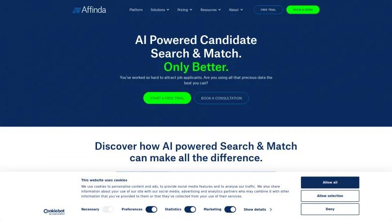 Homepage of Affinda Search and Match