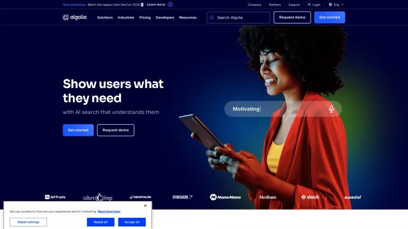 Homepage of Algolia