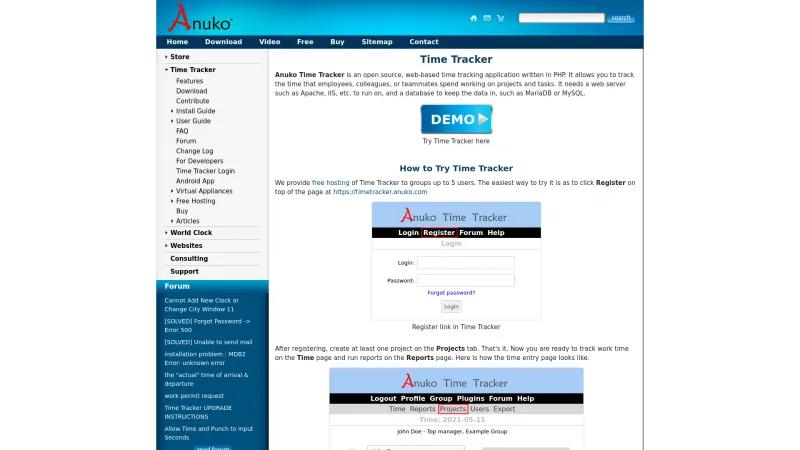 Homepage of Anuko Time Tracker