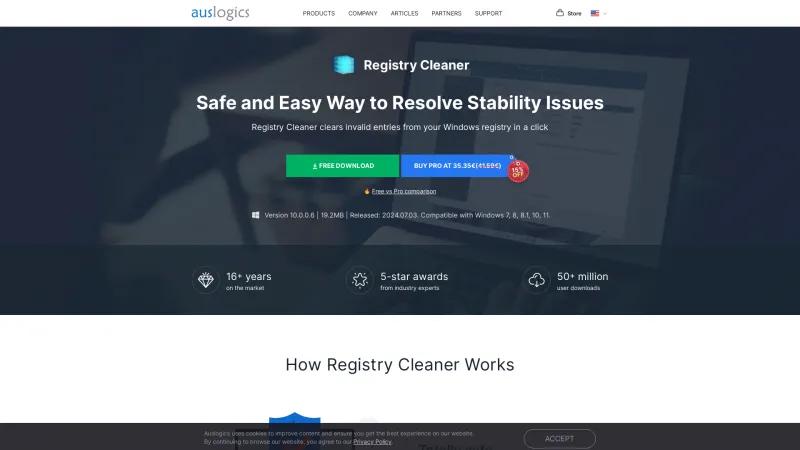 Homepage of Auslogics Registry Cleaner