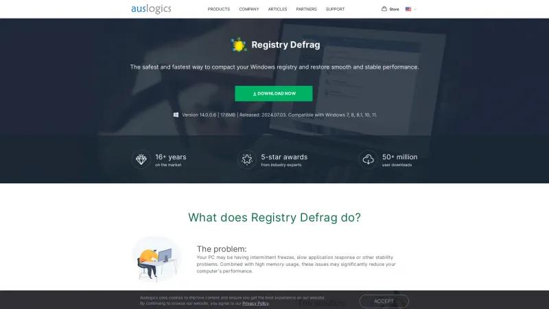 Homepage of Auslogics Registry Defrag