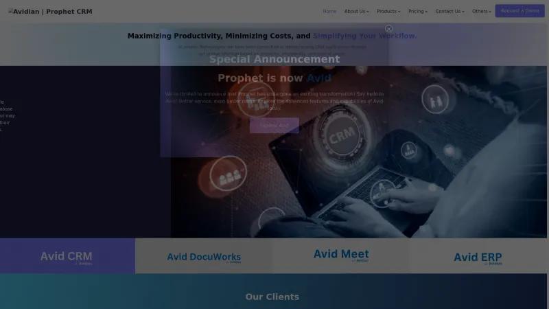 Homepage of Avidian Prophet CRM