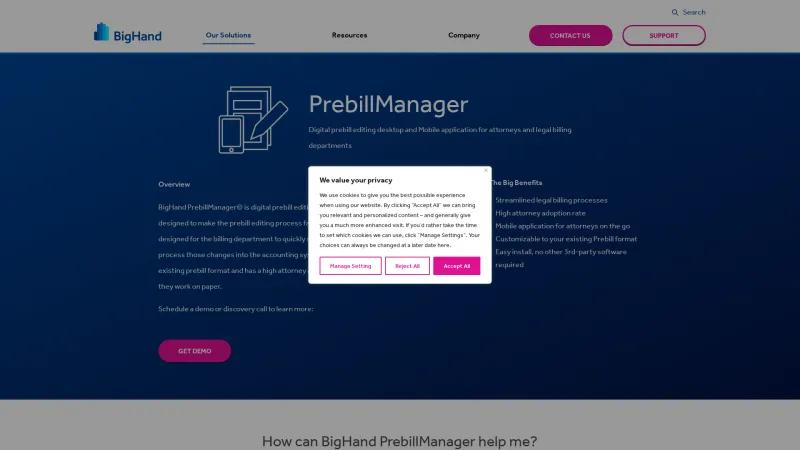 Homepage of BigHand PrebillManager