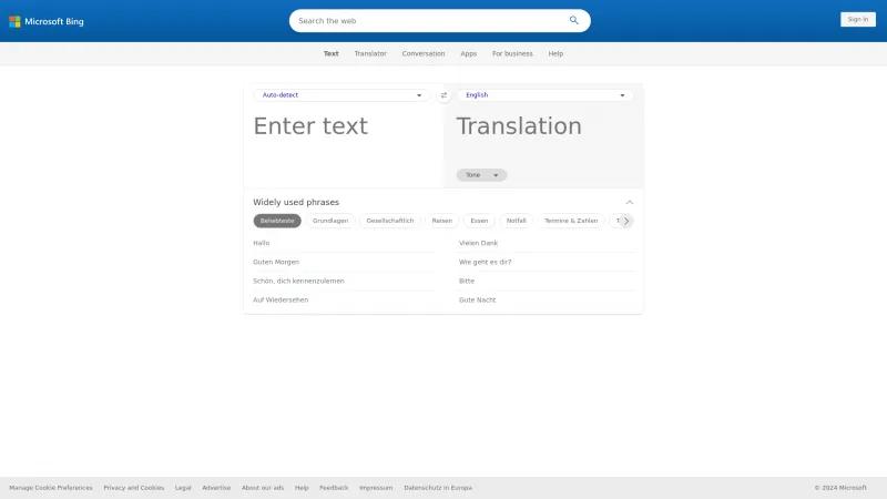 Homepage of Bing Translator