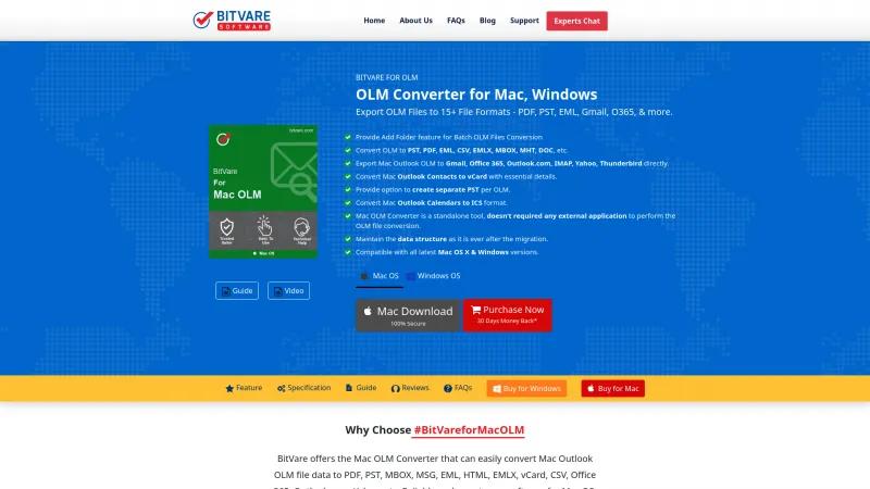 Homepage of BitVare OLM Converter for Mac