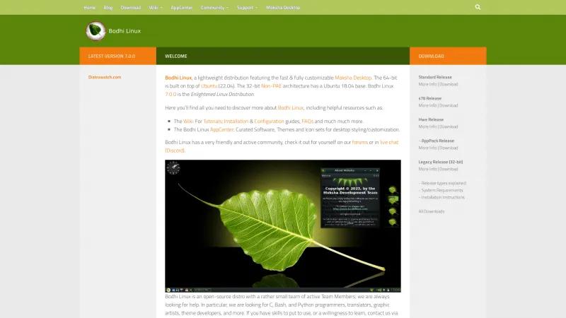 Homepage of Bodhi Linux