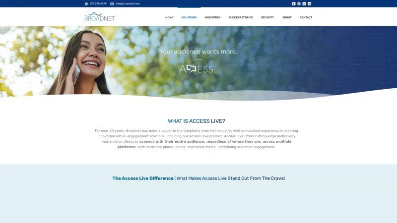 Homepage of Broadnet Access Live