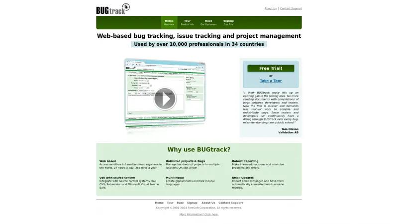 Homepage of BUGtrack