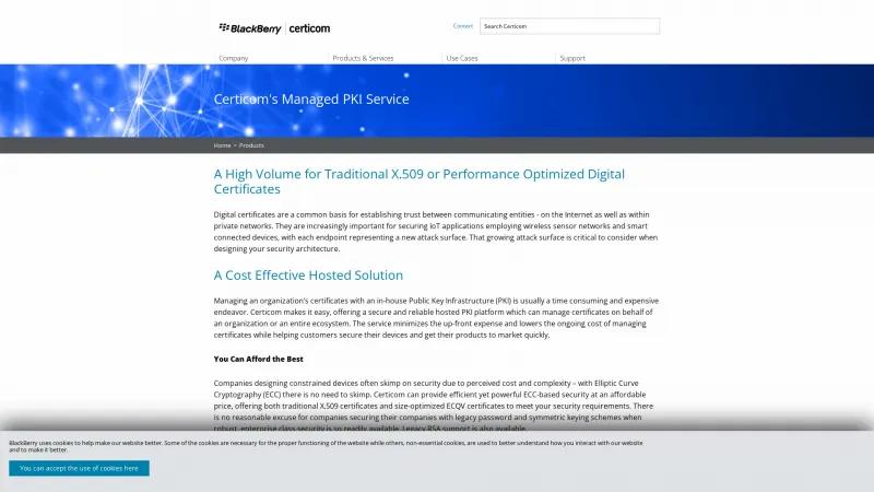 Homepage of Certicom Managed PKI Service