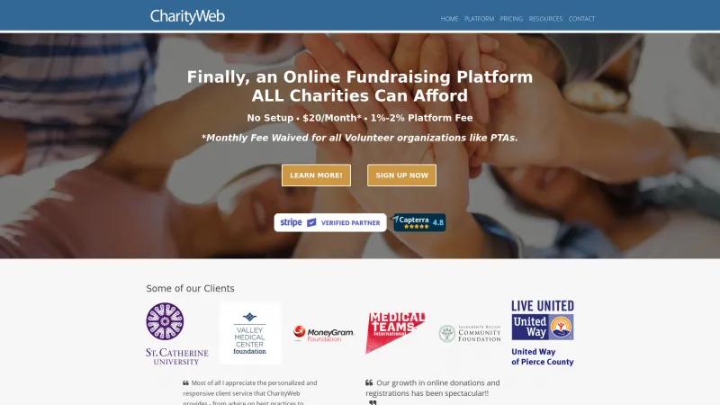 Homepage of CharityWeb